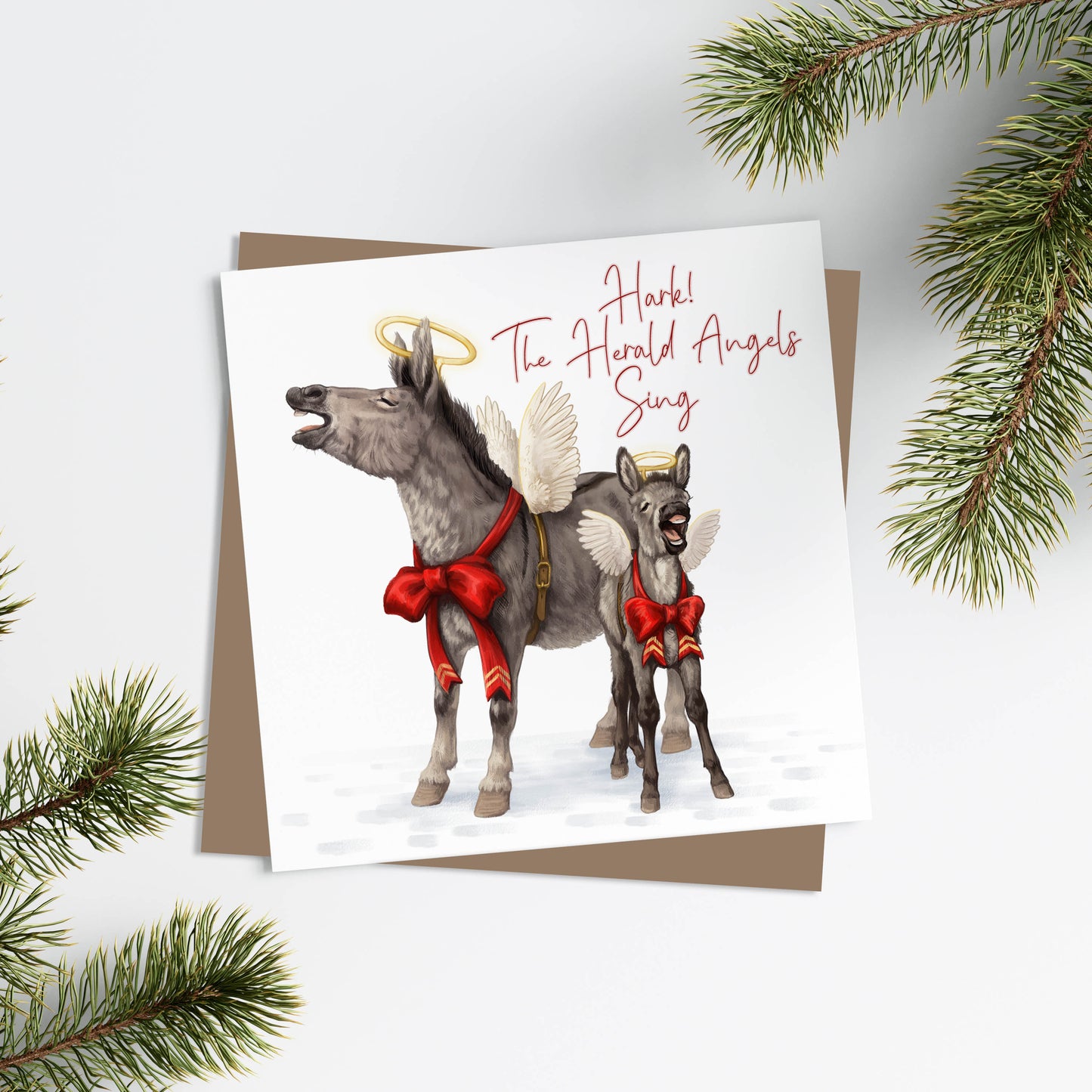 Hark the Herald Angels Sing - Donkey Christmas Greetings Card (White)